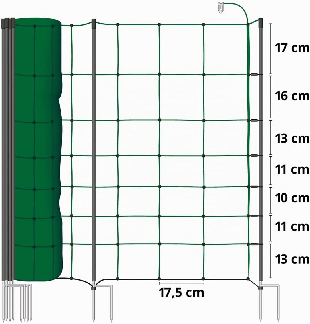 VOSS.farming Schafnetz Classic+ 50m 90cm Elektronetz 20 Pfähle 2 Spitzen grün, Weidezaunnetz Hundeza