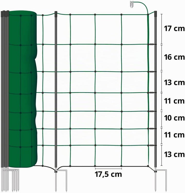 VOSS.farming Schafnetz Classic+ 50m 90cm Elektronetz 20 Pfähle 2 Spitzen grün, Weidezaunnetz Hundeza