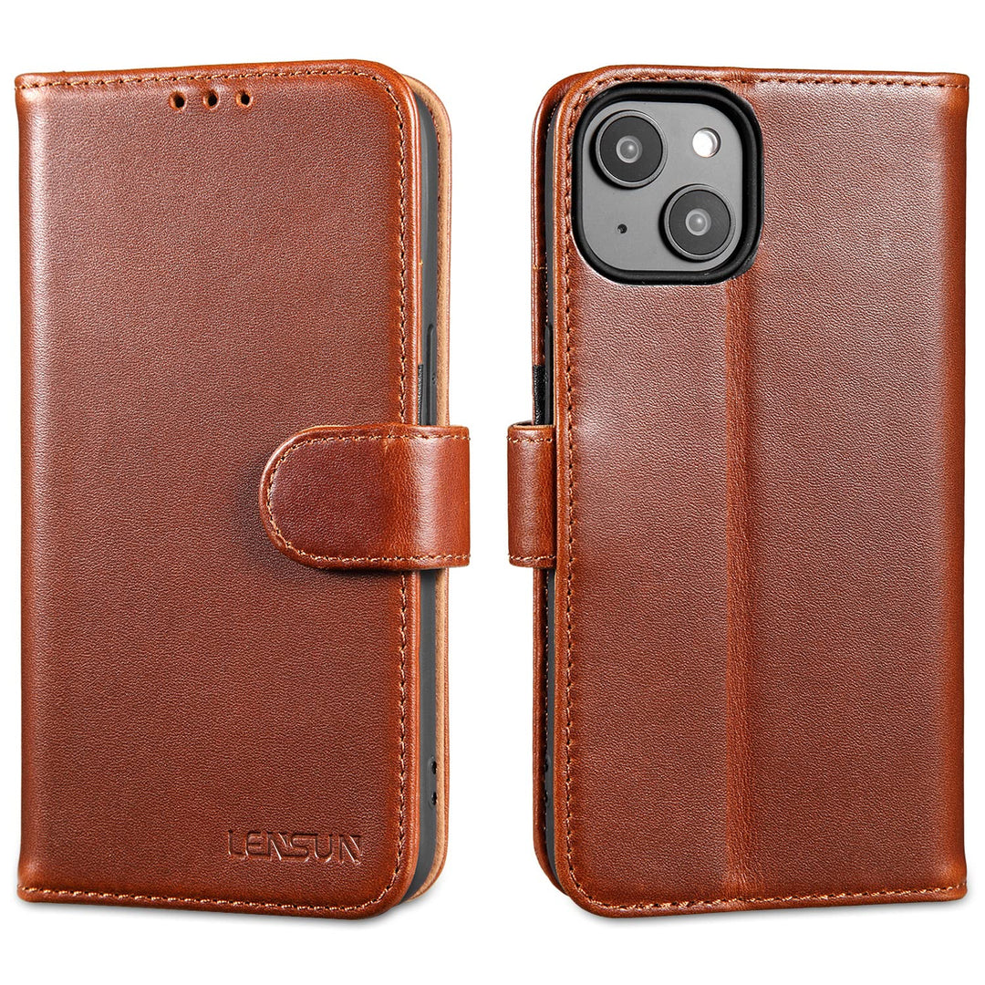 LENSUN Echtleder Hülle für iPhone 14, Leder Handyhülle [Kartenfach][Magnetverschluss][RFID Schutz] H