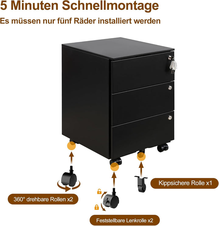 Rollcontainer, Mobiler Aktenschrank mit 3 Schlössern, 4 Schlüssel, 3 Schubladen, Rollcontainer Schre