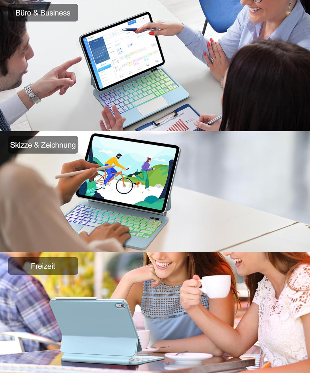 JADEMALL Magic Keyboard für iPad A16 & 10 Gen: Deutsch QWERTZ Tastatur mit Touchpad, 7-Farben LED, M
