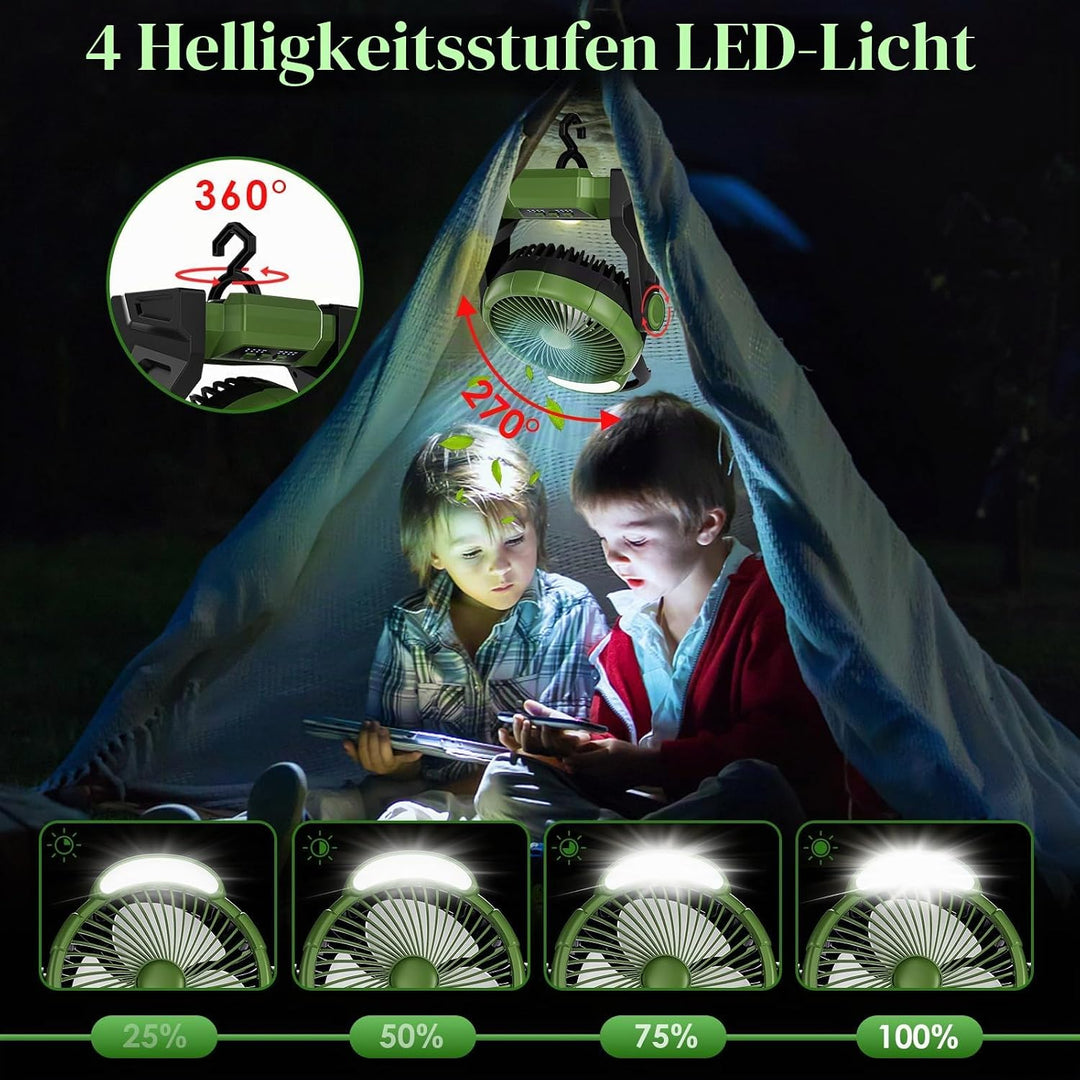 Camping Ventilator mit Akku,15000mAh Ventilator mit Camping Licht &amp; Haken,Wiederaufladbarer Tischven