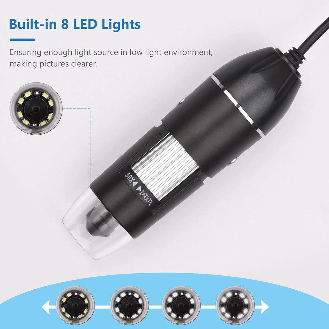 USB-Digitalmikroskop 50X-1600X | 8 LED-Beleuchtung | 360-Grad-Drehständer | Android-Kompatibilität |