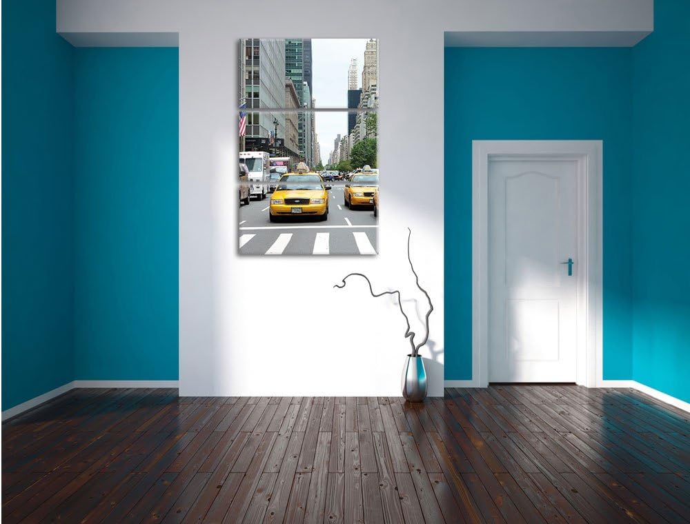 Pixxprint Taxi in New York City / 3-Teilig/Gesamtmass 120cm Leinwandbild bespannt auf Holzrahmen/Wan