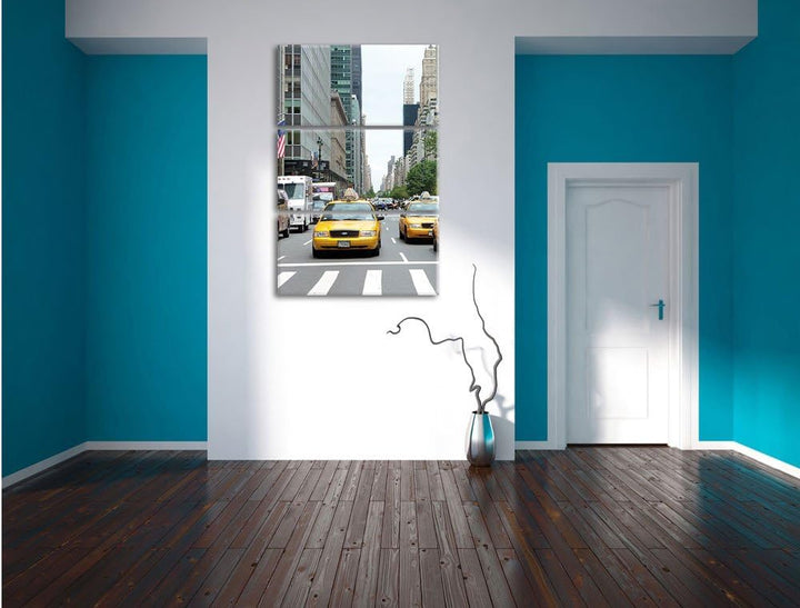 Pixxprint Taxi in New York City / 3-Teilig/Gesamtmass 120cm Leinwandbild bespannt auf Holzrahmen/Wan
