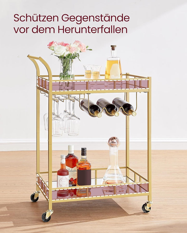 VASAGLE Servierwagen, Rollwagen, Gläserhalter, 2 verspiegelte Glasablagen, Barwagen, Weinwagen, für