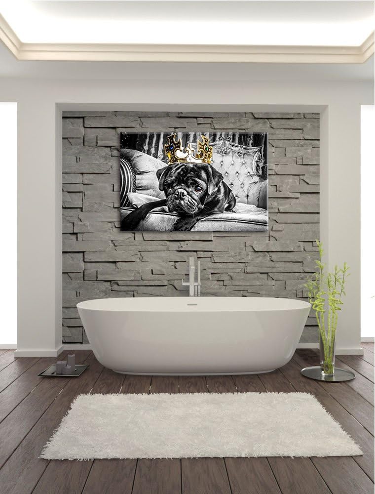 Mops mit Krone auf Thron schwarz/weiss Format: 100x70 auf Leinwand, XXL riesige Bilder fertig gerahm