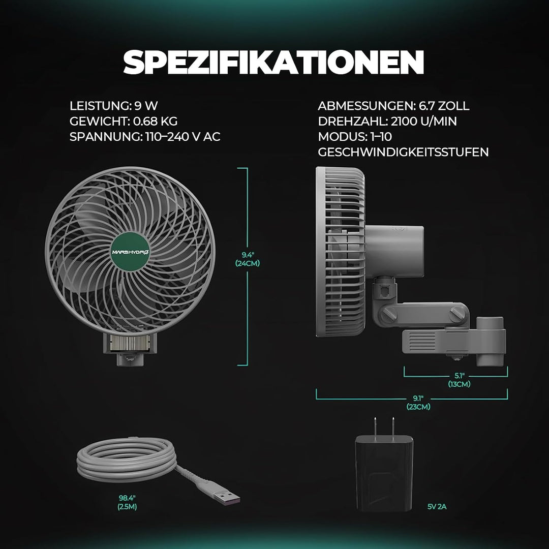 MARS HYDRO Grow Ventilator Oszillierend mit Clip 6-Zoll, 10 Windstufen 1PC, 1PC