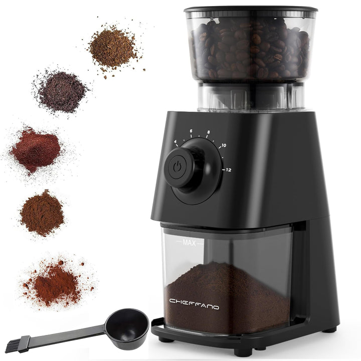 CHEFFANO Elektrische Kaffeemühle mit Kegelmahlwerk, 150W Kaffeebohnenmühle mit 30 Mahlgraden, Kaffee