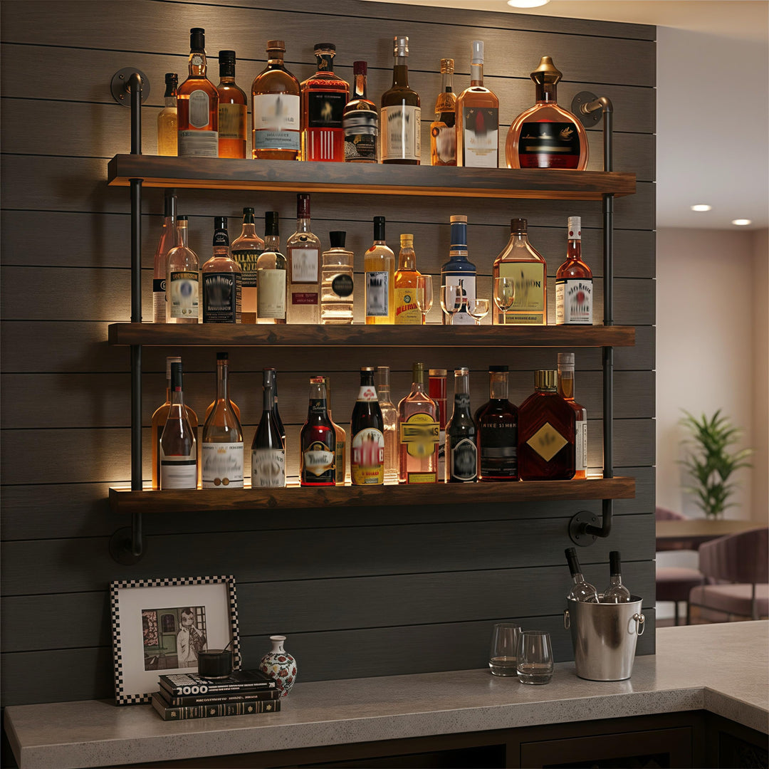 80CM Weinregal Wand Massivholz, 3 Ebenens chwebendes Flaschenregal im Industrie-Stil, Multi funktion
