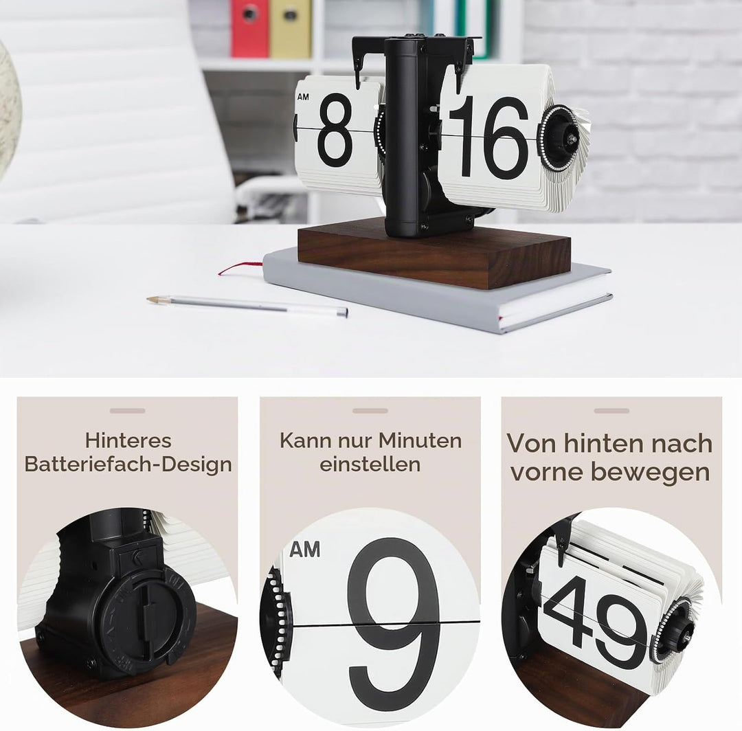 Digitale Flip-Down-Uhr, 12 Stunden Flip Uhr Retro mit Holzsockel und grosse Zahlenanzeige Tischuhr V