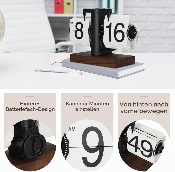 Digitale Flip-Down-Uhr, 12 Stunden Flip Uhr Retro mit Holzsockel und grosse Zahlenanzeige Tischuhr V