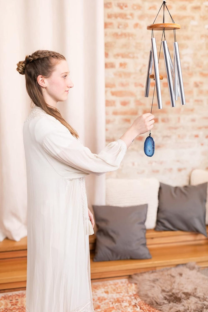 Sonic Energy Blue Agate Meditation Chime – Windspiel mit Achat Stein und 6 Klangstäben (432 Hz) – fü