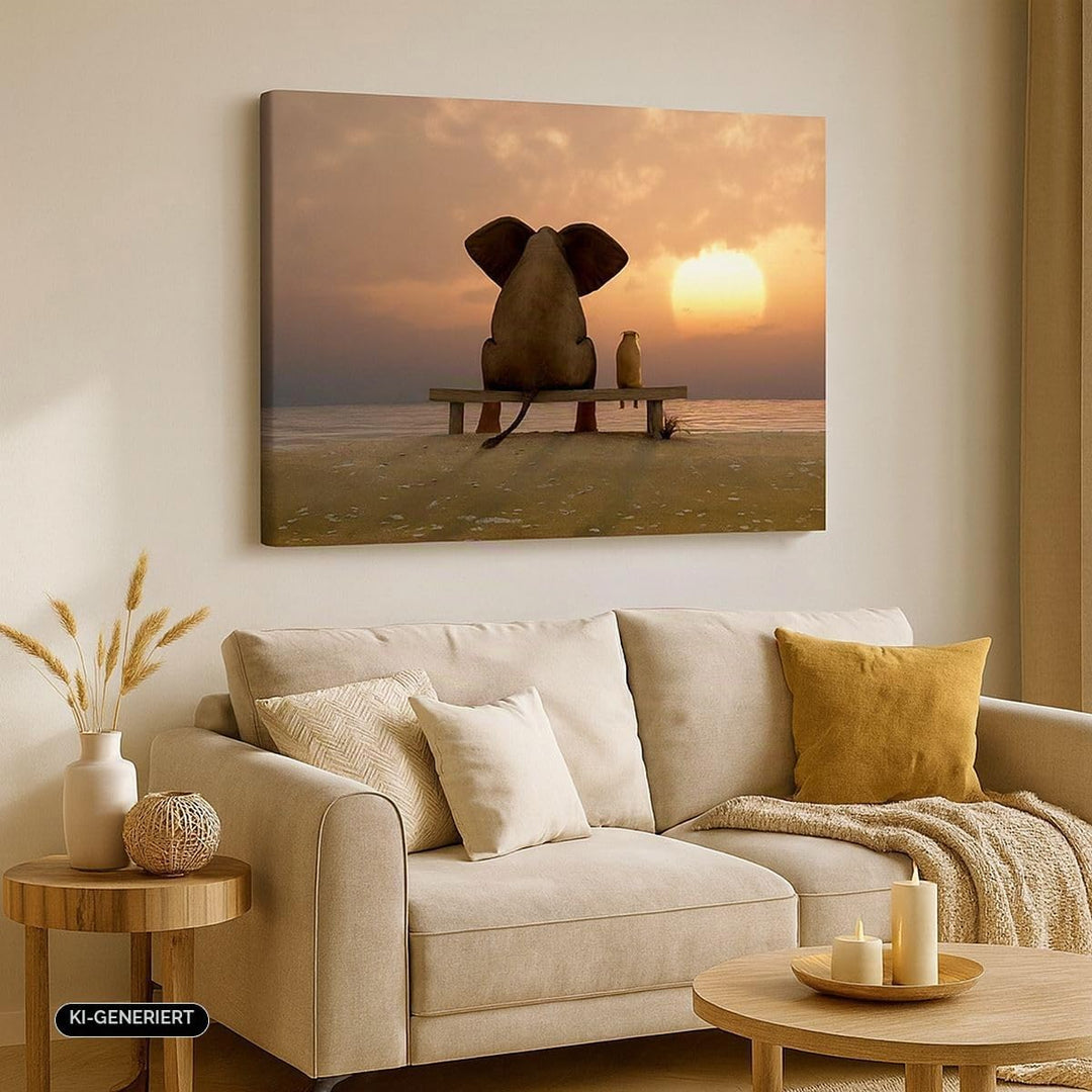 Bilder auf Leinwand Elefant Ufer Meer Leinwandbild mit Rahmen 70x50cm Wandbilder Dekoration Wohnzimm