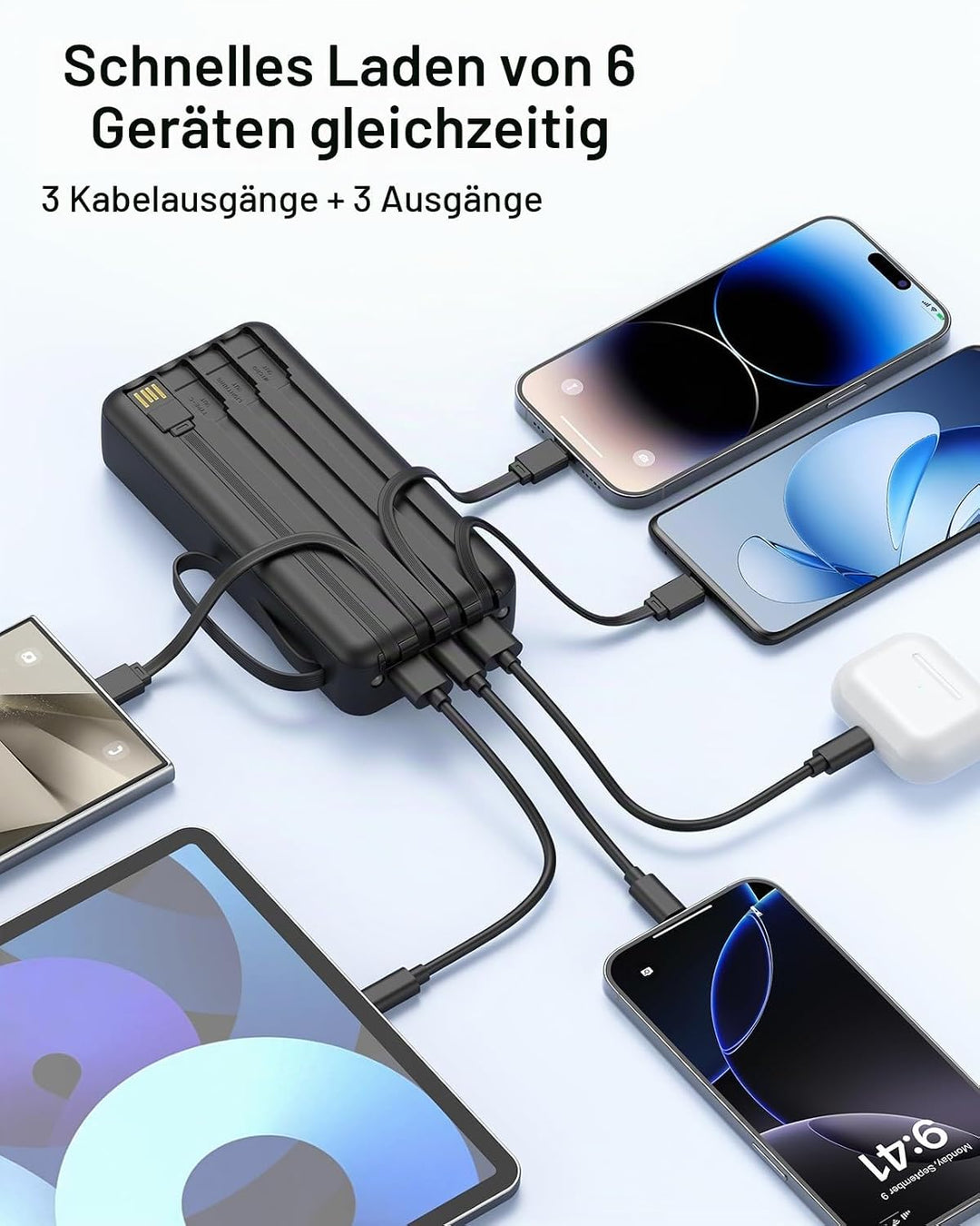 Powerbank 27000mAh mit 4 integrierten Kabel, 30W USB C Schnellladefunktion Schwarz 27000mAh, Schwarz
