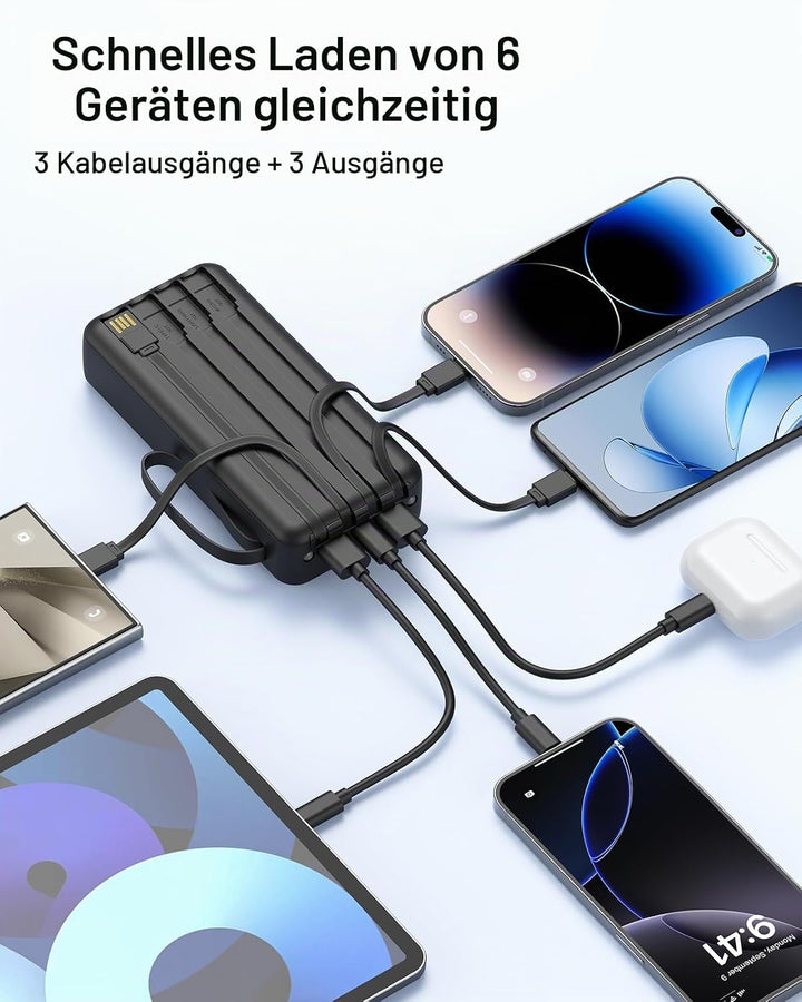 Powerbank 27000mAh mit 4 integrierten Kabel, 30W USB C Schnellladefunktion Schwarz 27000mAh, Schwarz