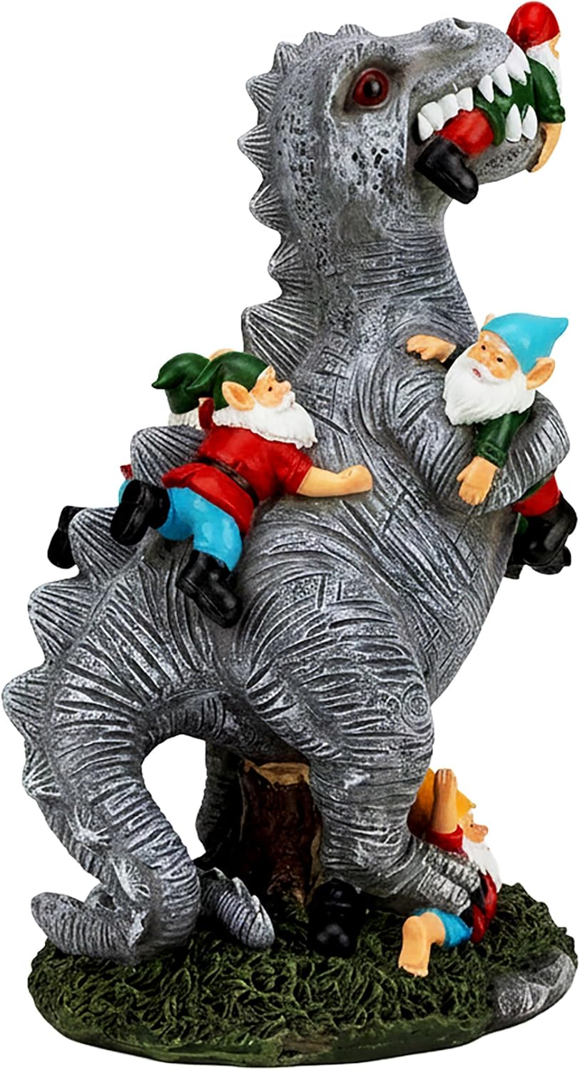 Relaxdays Gartenfigur, Dinosaurier frisst Gartenzwerge, wetterfeste Deko, Kleingarten, Kunstharz, 28