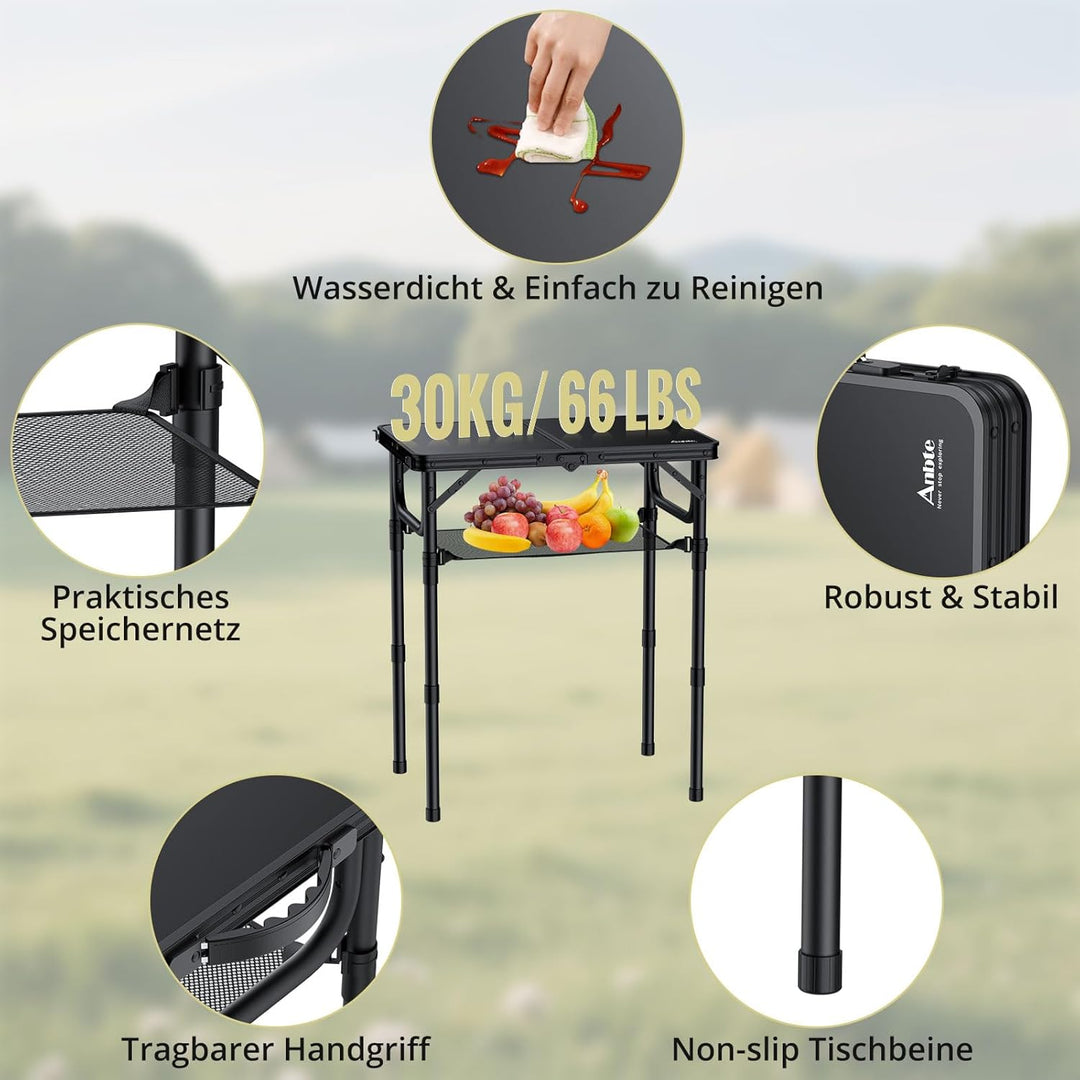 Anbte Campingtisch Klappbar aus Aluminium 3 Höhenverstellbar Koffertisch mit Aufbewahrungsnetz Tragb