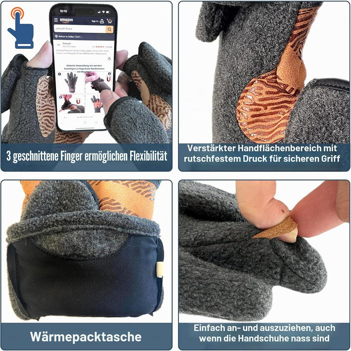 Palmyth Magnetische Fleece-Angelhandschuhe, wandelbar, 3 Finger, Eisangeln, warm für kaltes Wetter u