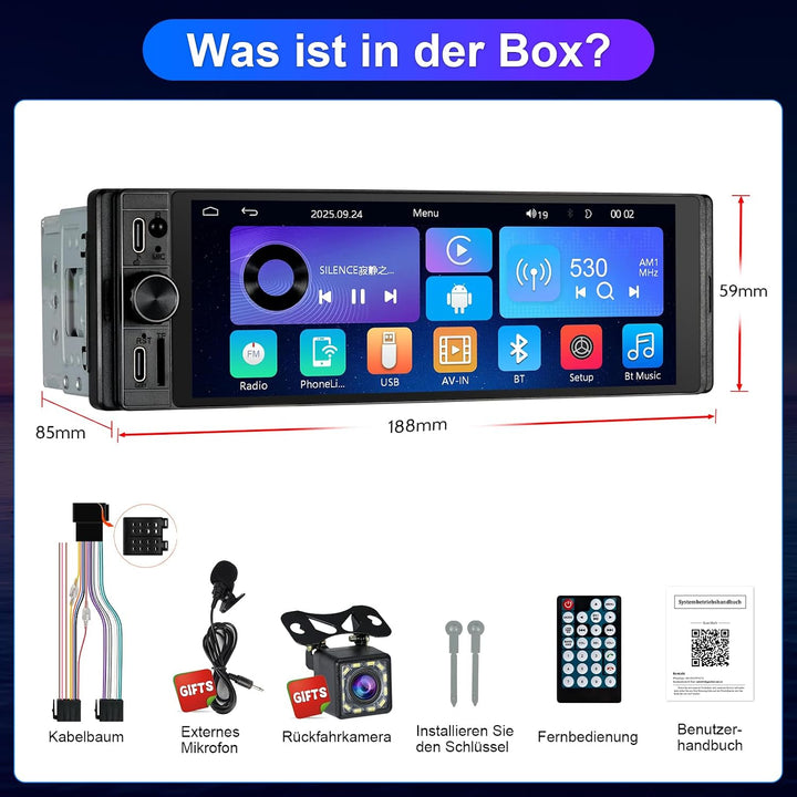 1 DIN Radio Kompatibel mit Wireless CarPlay & Android Auto, Autoradio 1Din mit 6,28 Zoll HD Bildschi