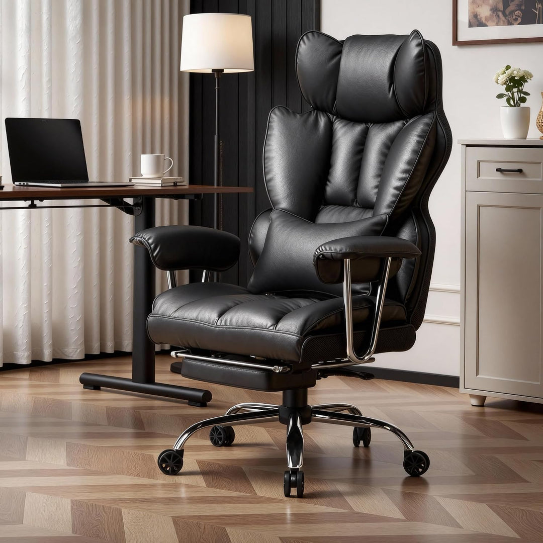 Efomao bürostuhl, PU Leder bürostuhl ergonomisch, Chefsessel mit Lendenwirbelstütze und hoher Rücken