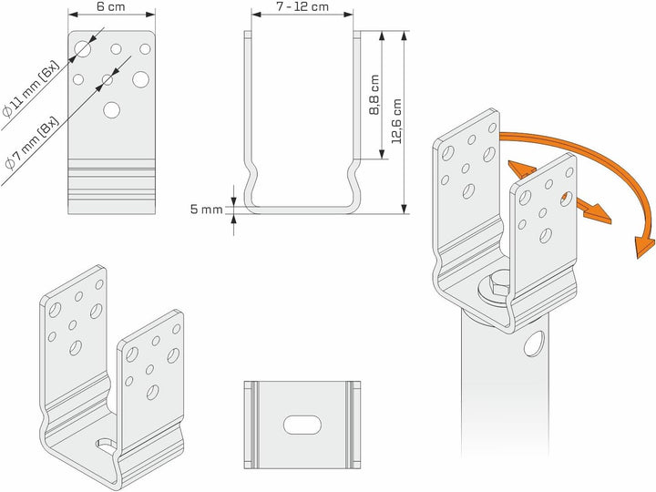 Maxerio 80 cm U-Set 6er Schraubfundamente inkl. 101 mm Pfostenträger; Ø 60 x 2; M12 6er U-Set 10cm,