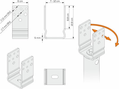 Maxerio 80 cm U-Set 6er Schraubfundamente inkl. 101 mm Pfostenträger; Ø 60 x 2; M12 6er U-Set 10cm,
