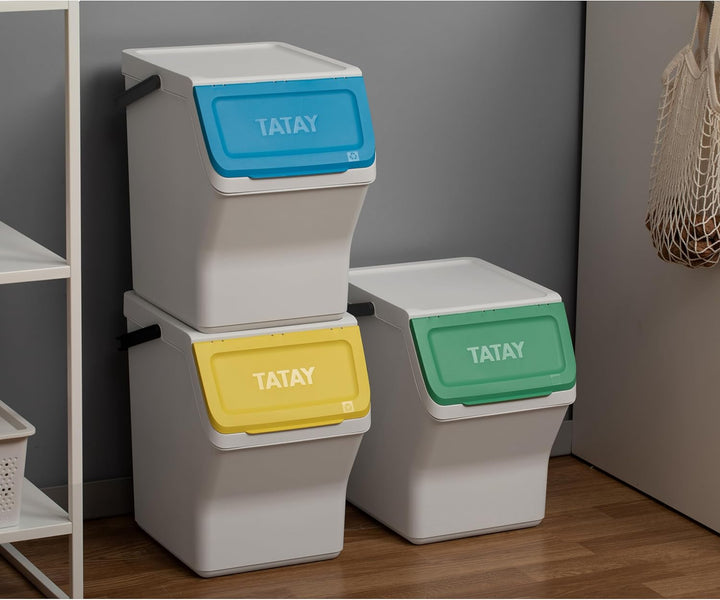TATAY Mülltrennsystem Easy Waste 20L | 3er Set Recycling Behälter | Modular und Stapelbar | Deckel m