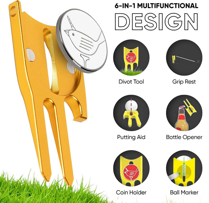 Birdicorn Golf Divot Repair Tool &amp; Golf Ball Marker 6-in-1 Golf Divot Tool Gold, Gold