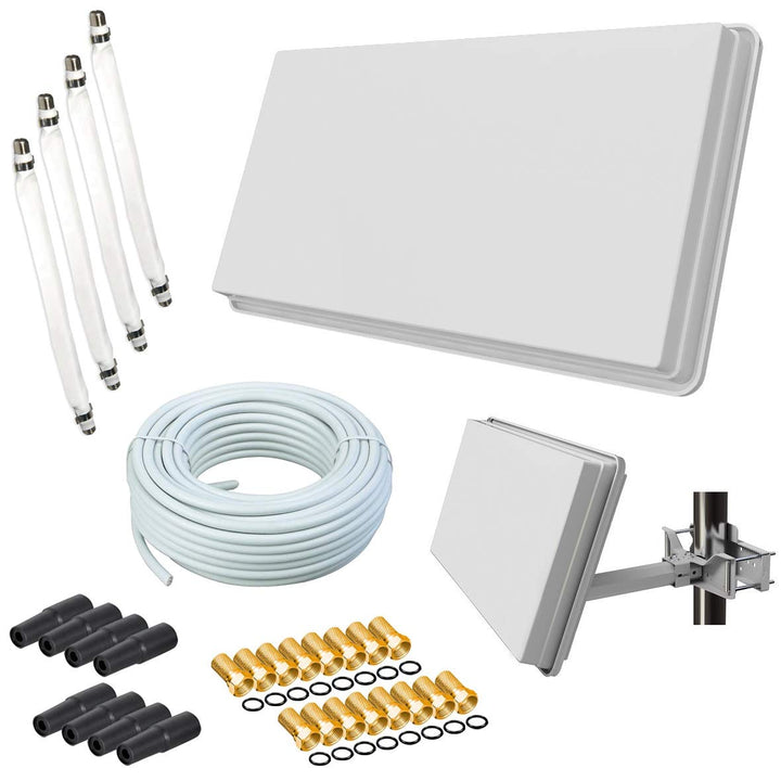 Sat Flachantenne Quad H30D4 + SAT-Finder + 50m Kabel + netshop 25 Anschluss Set (4 Fensterdurchführu