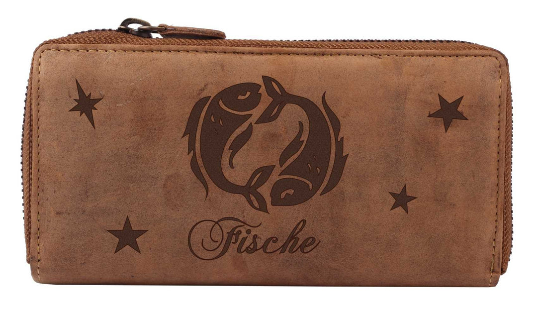 Greenburry Vintage Damen Geldbörse Braun 20x10x3 cm mit Sternzeichen Motiv Fische, Fische