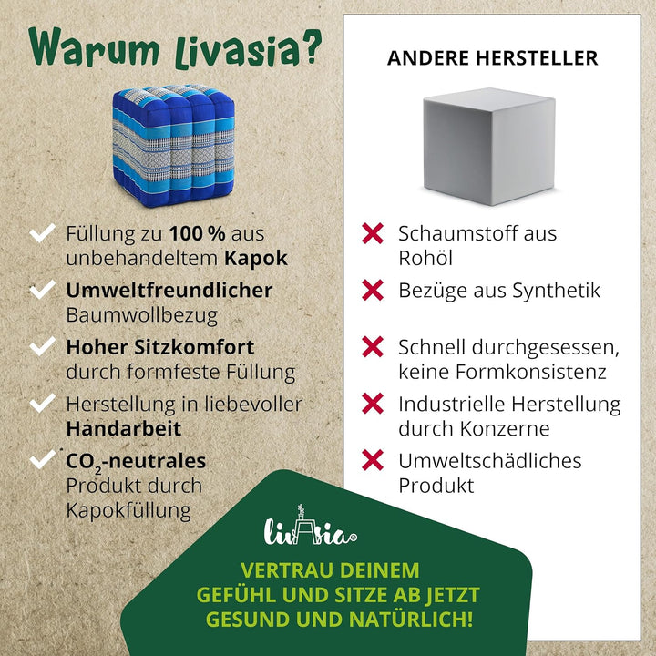 livasia Würfelkissen quadratisch, Sitzhocker mit organischem Kapok, Sitzpouf, Lagerungswürfel vierec