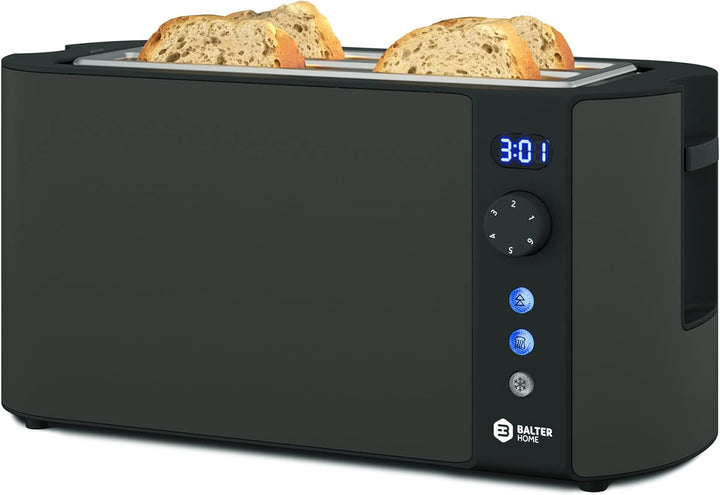 Balter Toaster 4 Scheiben, Langschlitz, Edelstahl, Brötchenaufsatz, LCD Display mit Restzeitanzeige,