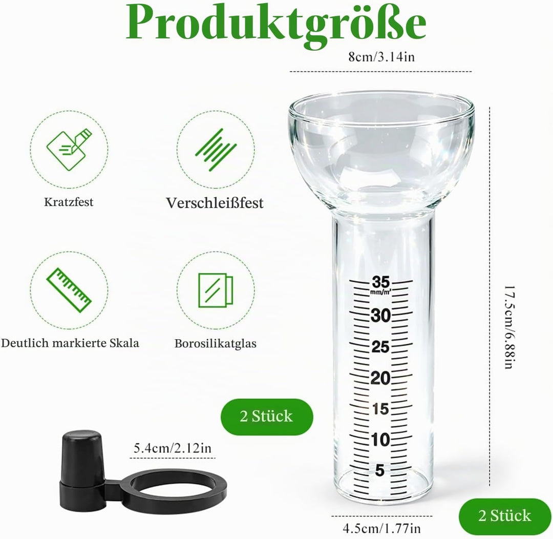 2 Stück Regenmesser Set für 1-35 mm Messungen, Regenmesser Ersatzglas mit Halterung, Outdoor-Regenme