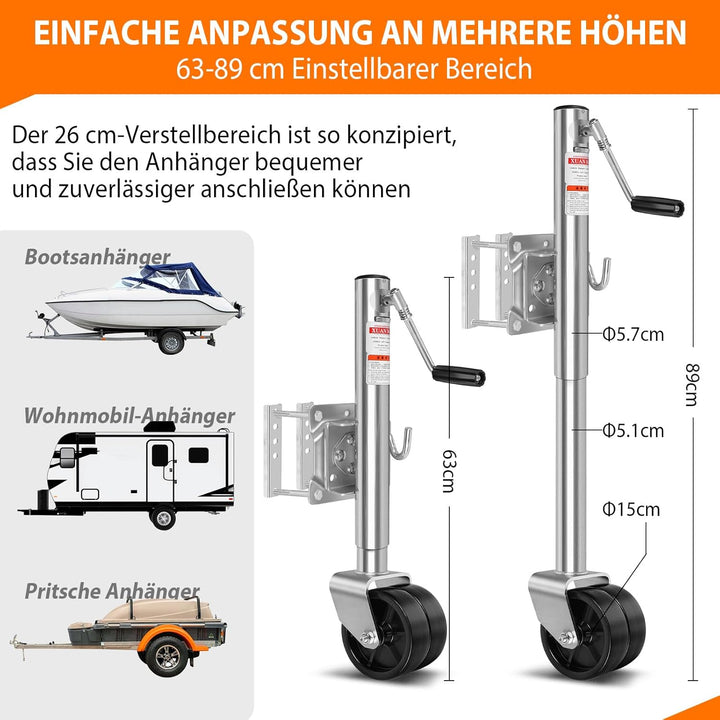 Anhänger Schwerlast Stützrad 57 mm Klappbar, Stützlast 680 kg mit Montiersatz und 6 Zoll Vollgummire