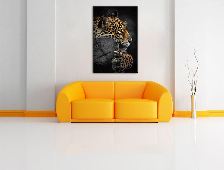 Dark prächtiger Leopard auf Stamm schwarz/weiss Format: 100x70auf Leinwand, XXL riesige Bilder ferti