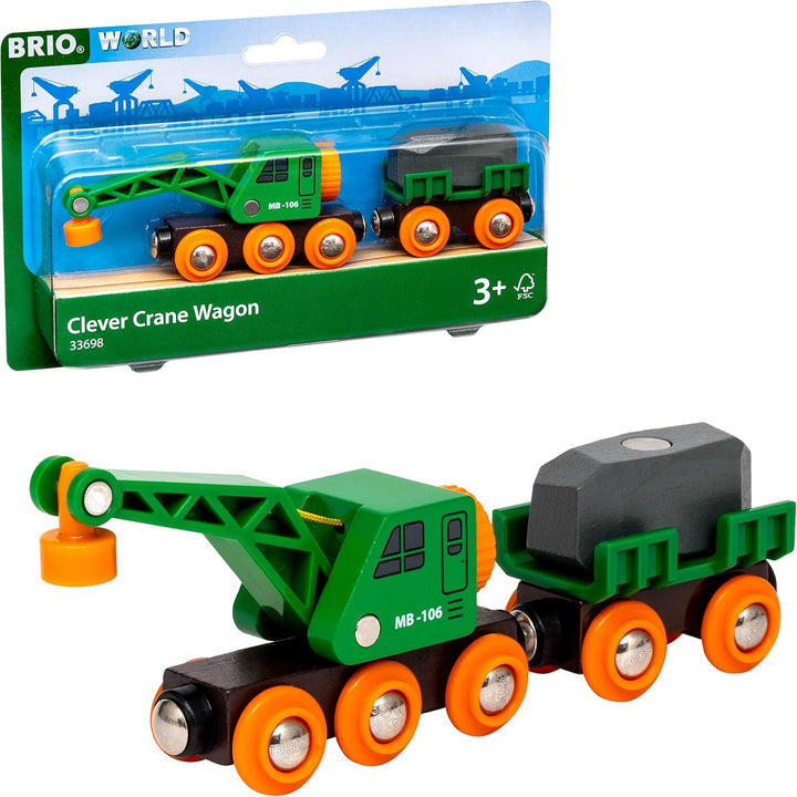 BRIO Bahn 33698 - Grüner Kranwagen mit Anhänger und Fracht,White &amp; Bahn 33577 - Autotransporter mit