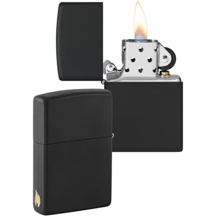 ZIPPO - Black Matte - nachfüllbares Sturmfeuerzeug in hochwertiger Geschenkbox (schwarz, Flammenmoti