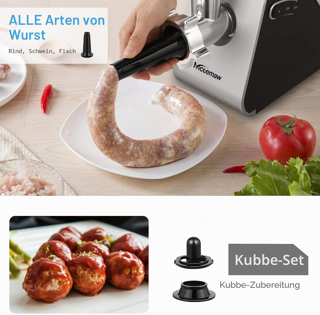 Elektrischer Fleischwolf 2000W Profi, Multifunktions Küchenmaschine mit Wurstfüller, Edelstahlklinge