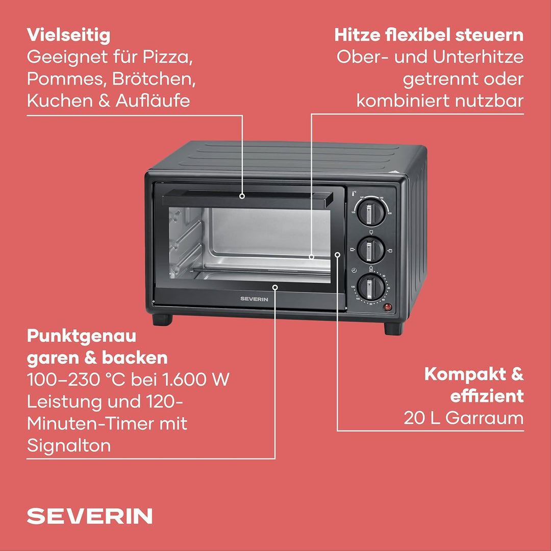 Severin Back- und Toastofen, Bake&Toast, 20L, bis 230°C, 120Min. Timer, Mini-Backofen, Ober- und Unt