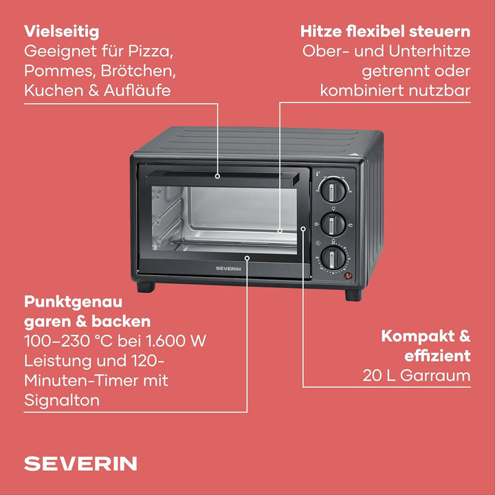 Severin Back- und Toastofen, Bake&Toast, 20L, bis 230°C, 120Min. Timer, Mini-Backofen, Ober- und Unt