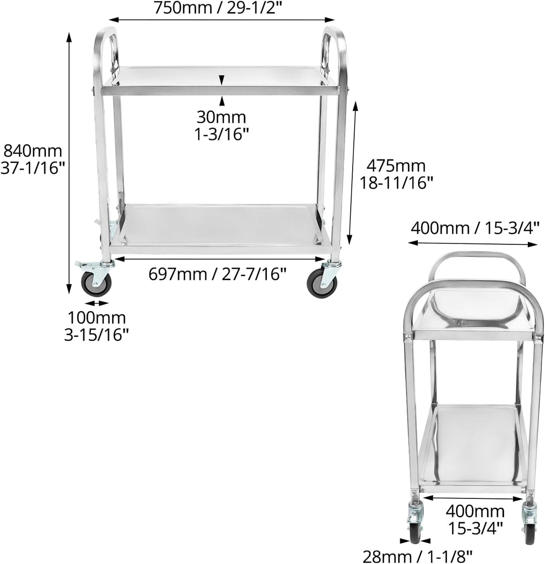 QWORK® 2-Etagen Edelstahl Servierwagen Teewagen Reinigungswagen - 75 x 40 x 83,5 cm - Leise Räder mi