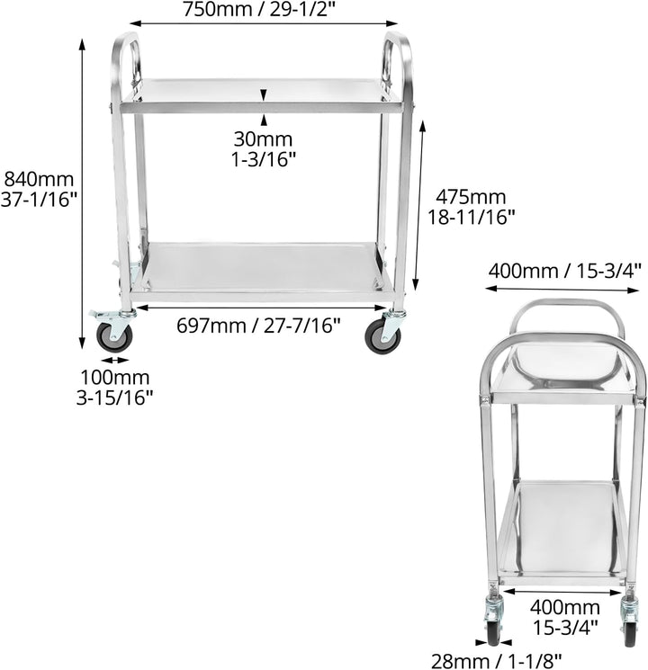 QWORK® 2-Etagen Edelstahl Servierwagen Teewagen Reinigungswagen - 75 x 40 x 83,5 cm - Leise Räder mi