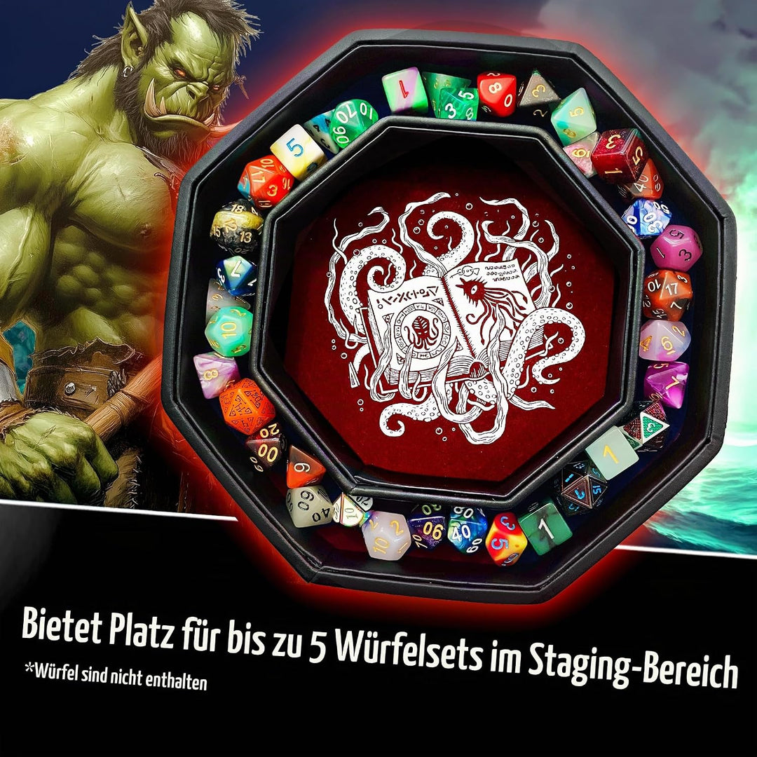 Fantasydice-Cthulhu Tome-RED- Dice Storage and Rolling Tray - 20CM Octagon with Lid and Dice Staging