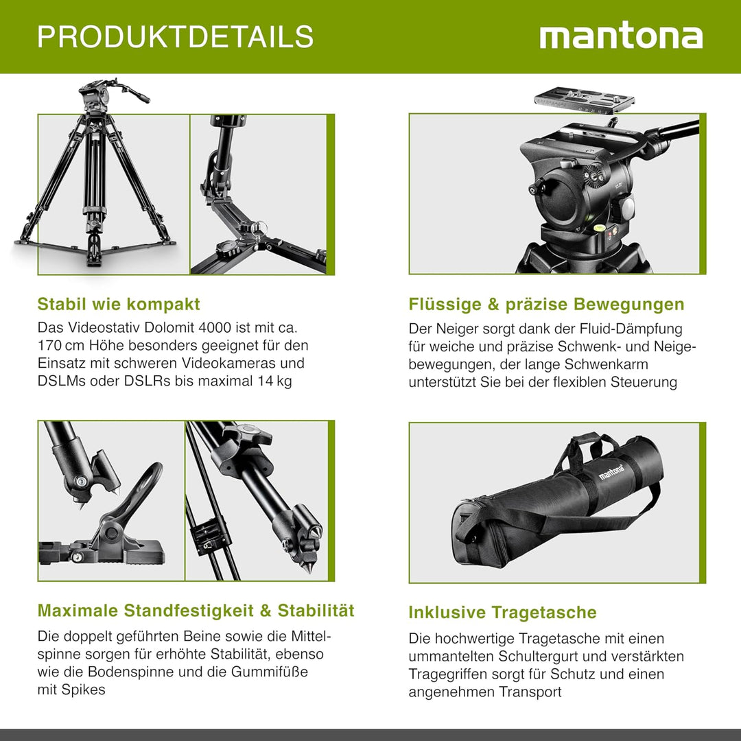 Mantona Dolomit 4000 Videostativ 170 cm (inkl. Fluid-Neiger, Counter Balance System, Wasserwaage, Bo