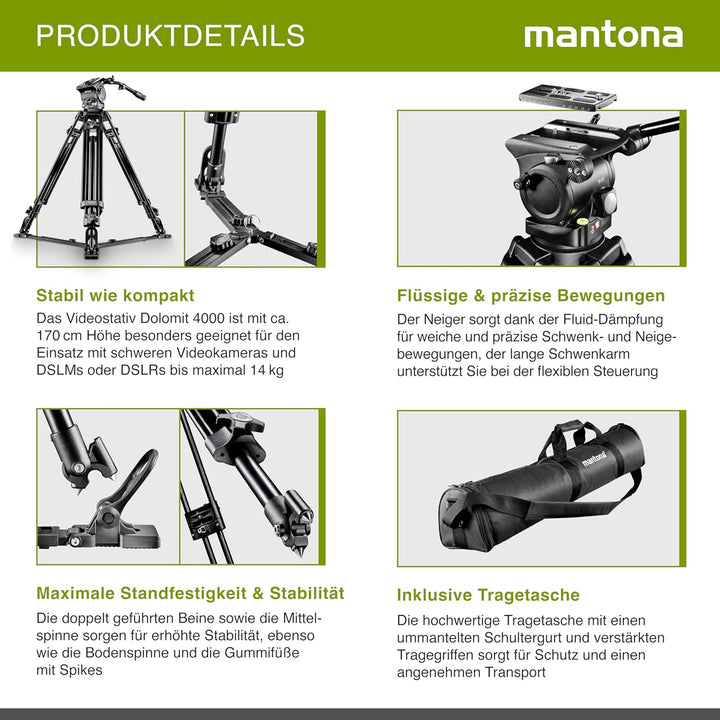 Mantona Dolomit 4000 Videostativ 170 cm (inkl. Fluid-Neiger, Counter Balance System, Wasserwaage, Bo
