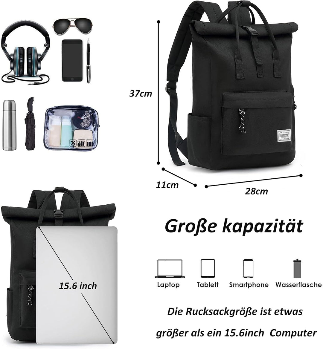TANTOMI Laptop Rucksack, Rucksack Laptop Tasche 15,6 Zoll, Rucksack Damen und Herren weit öffenbar,