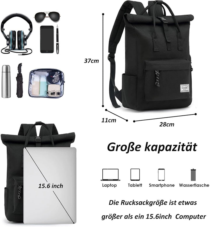 TANTOMI Laptop Rucksack, Rucksack Laptop Tasche 15,6 Zoll, Rucksack Damen und Herren weit öffenbar,