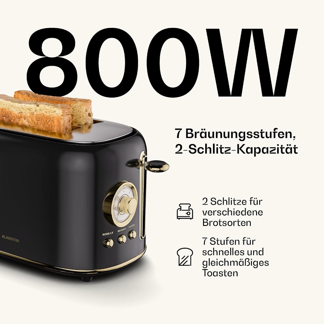 Klarstein Victoria Toaster – Retro-Toaster für 2 Scheiben 800 W, 7 Bräunungsstufen, Auftauen und Auf