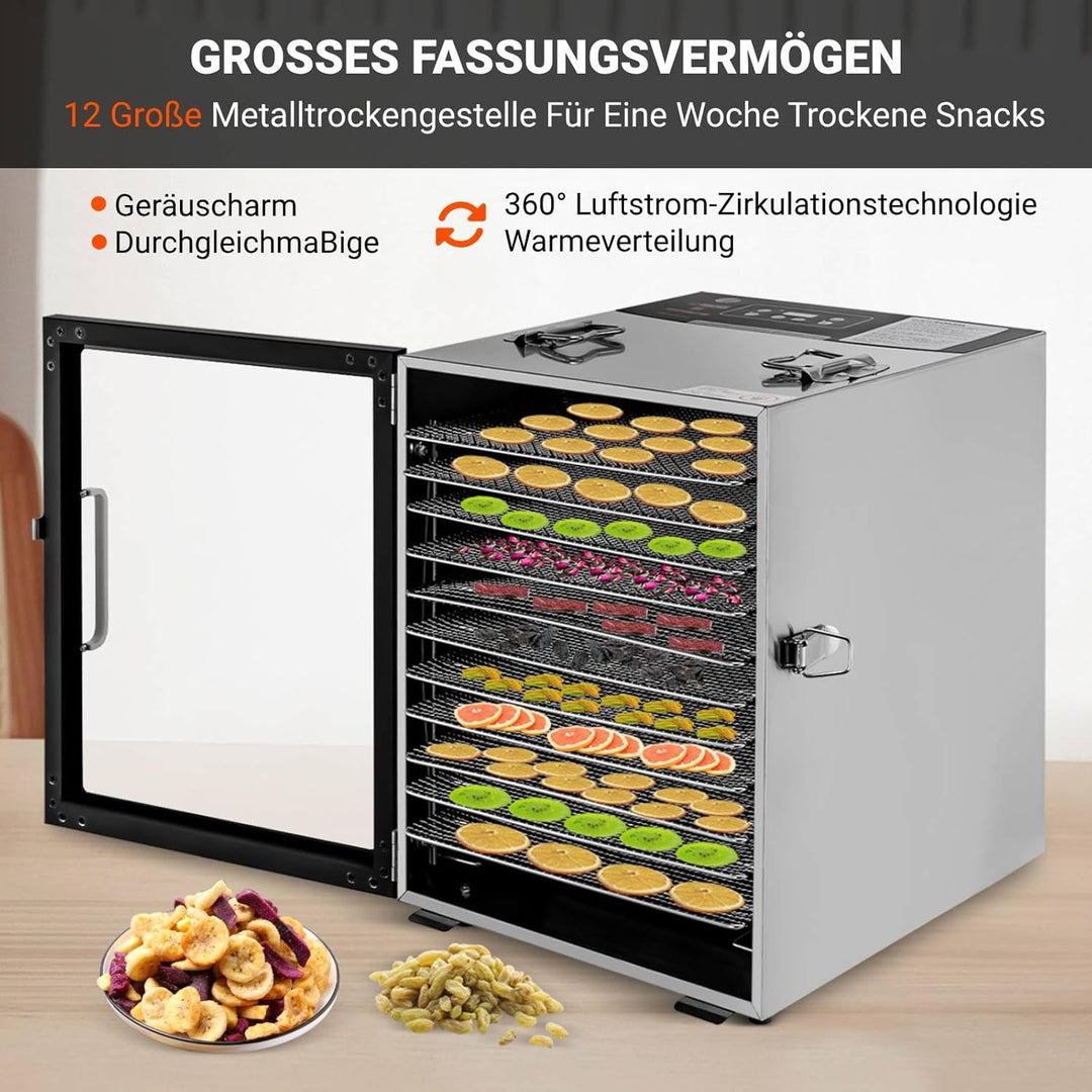 Dörrautomat Edelstahl mit 12 Edelstahlgitter, 800W Dehydrator Food mit 30-80℃ Temperaturregelung & 2